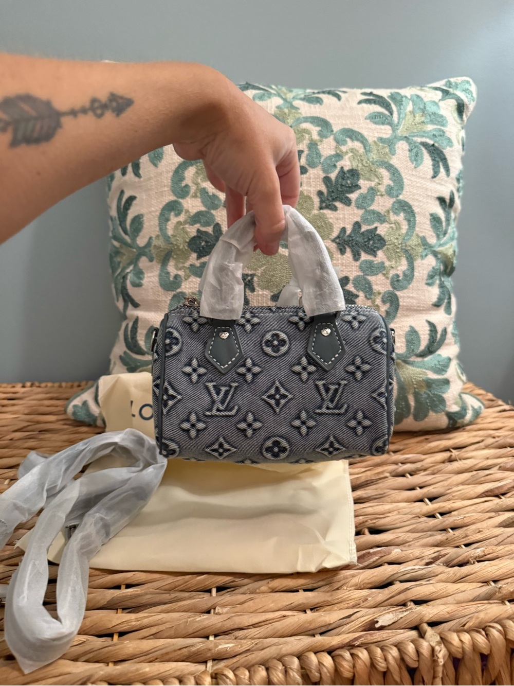L V Denim Monogram Nano Speedy Bag